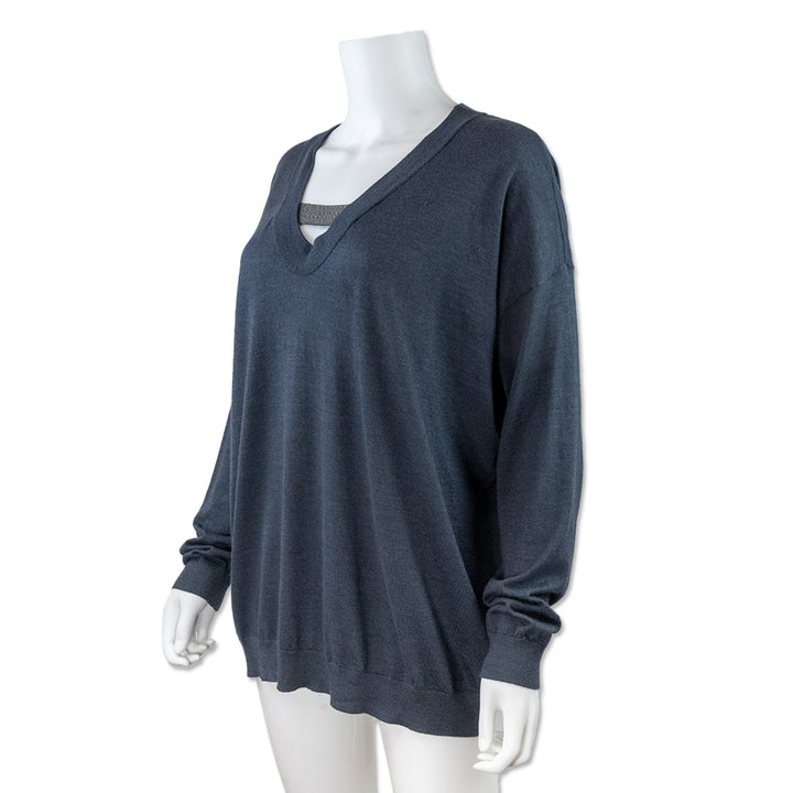 Brunello Cucinelli Cashmere Navy Blue V- Neck Sweater