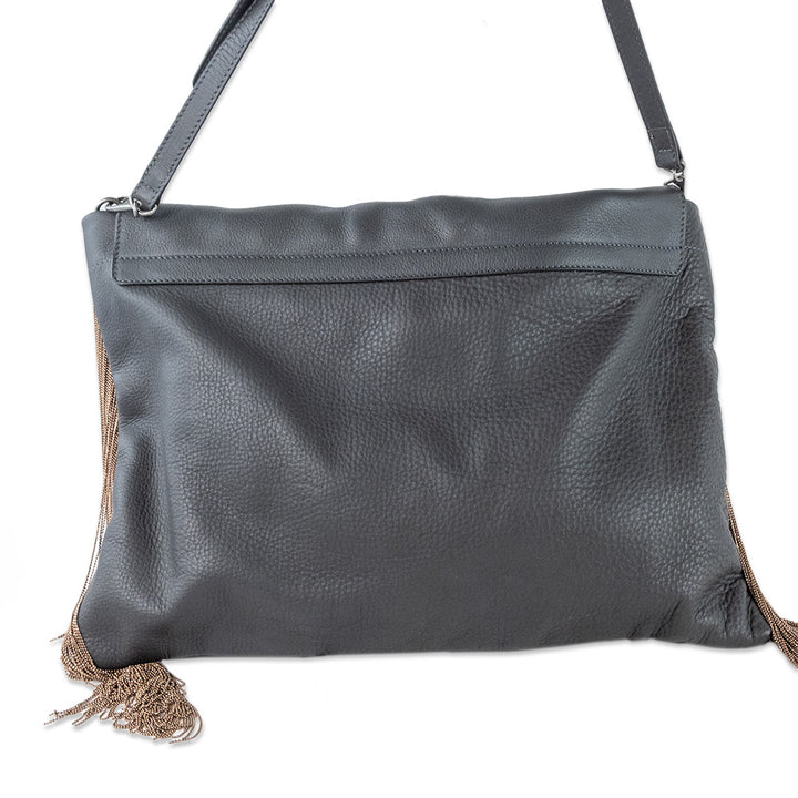 Brunello Cucinelli Gray Leather Tote with Monili Bead Fringe