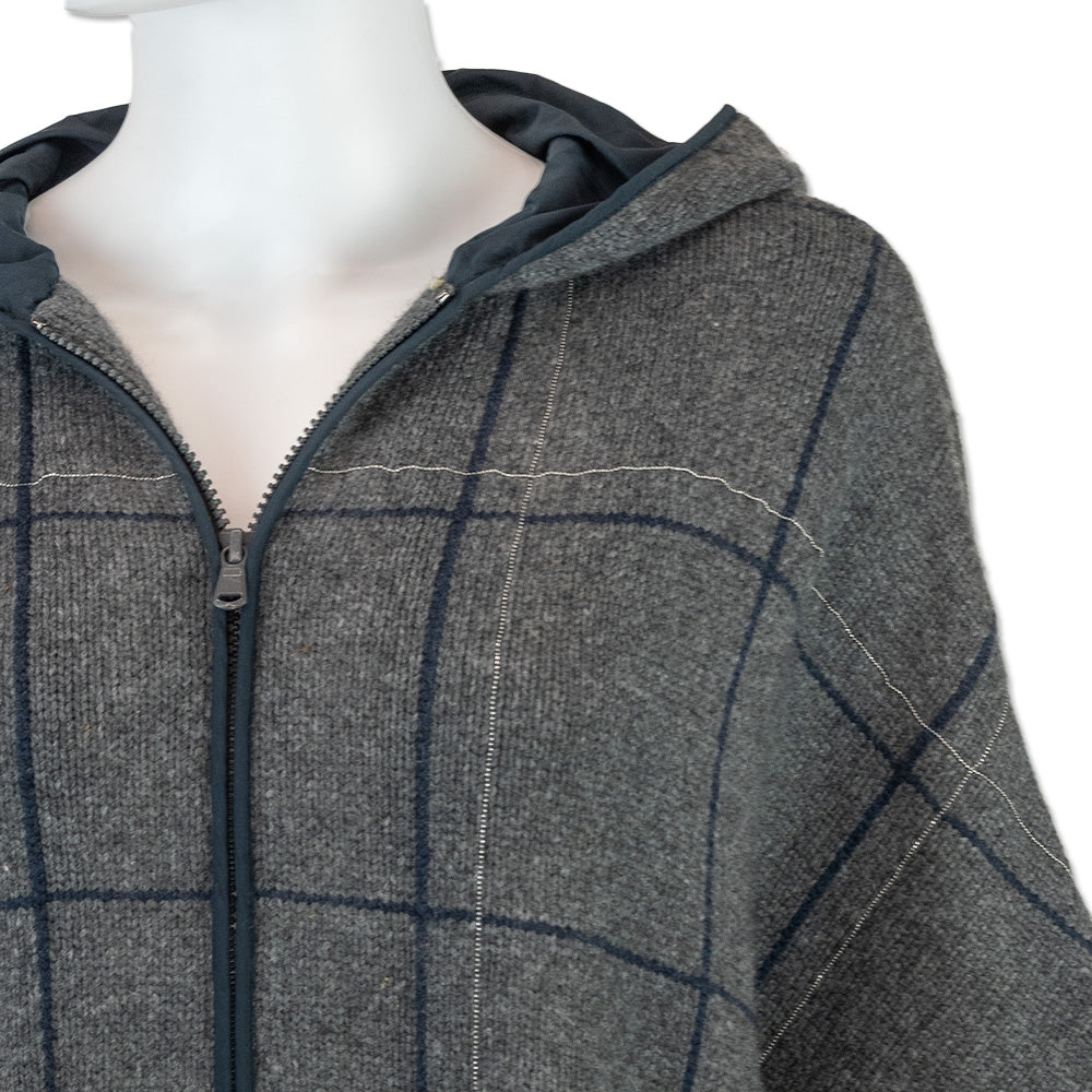 Brunello Cucinelli Grey Plaid Cashmere Knit Hooded Jacket