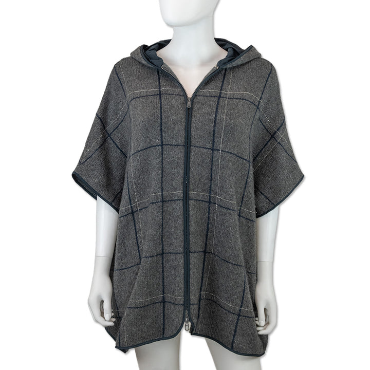 Brunello Cucinelli Grey Plaid Cashmere Knit Hooded Jacket