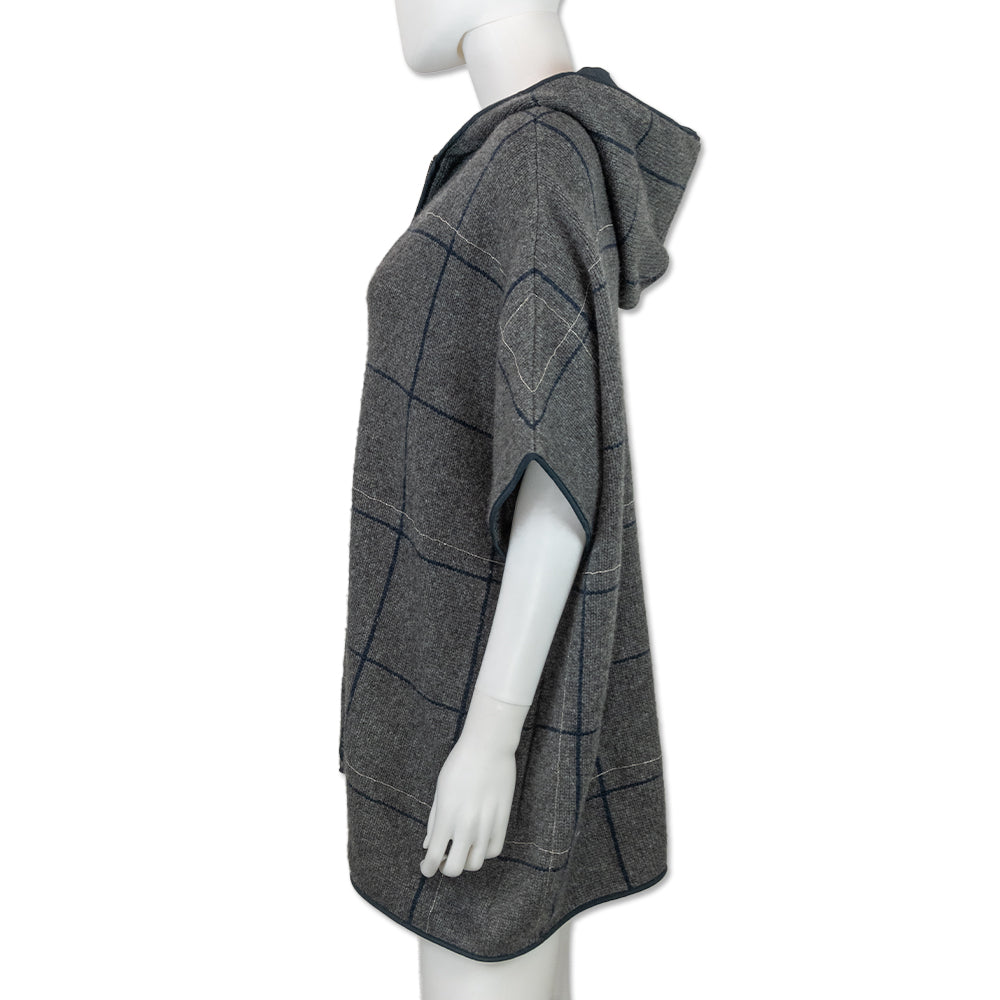 Brunello Cucinelli Grey Plaid Cashmere Knit Hooded Jacket