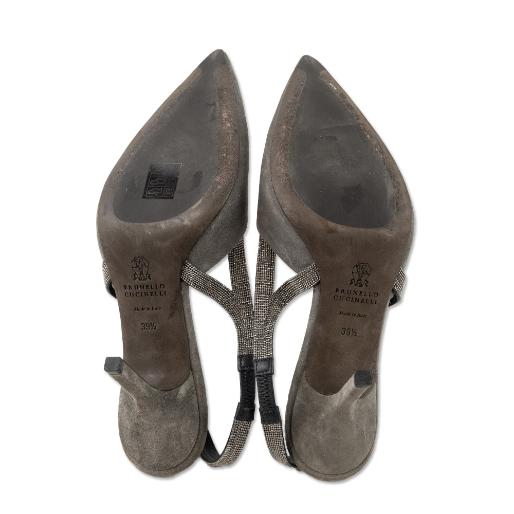 Brunello Cucinelli Monili Gray Suede Slingback Heels