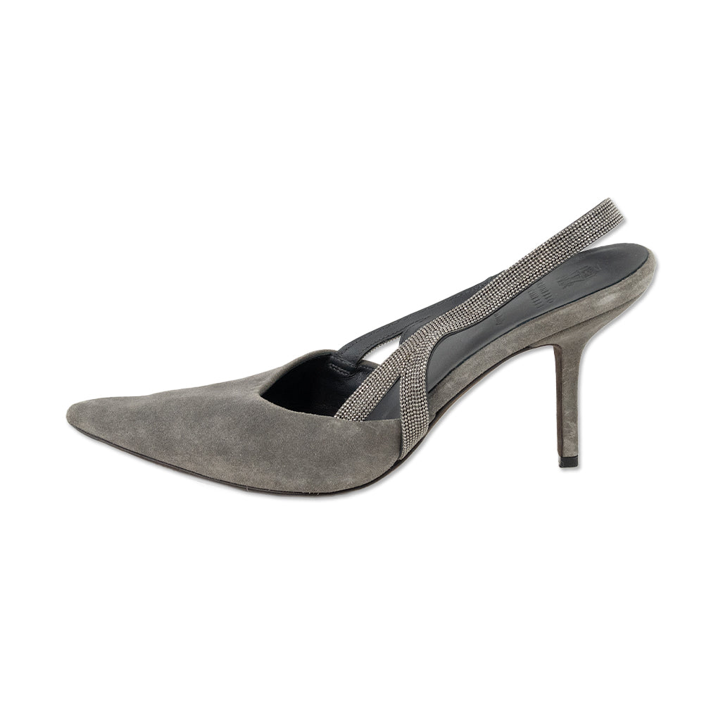 Brunello Cucinelli Monili Gray Suede Slingback Heels