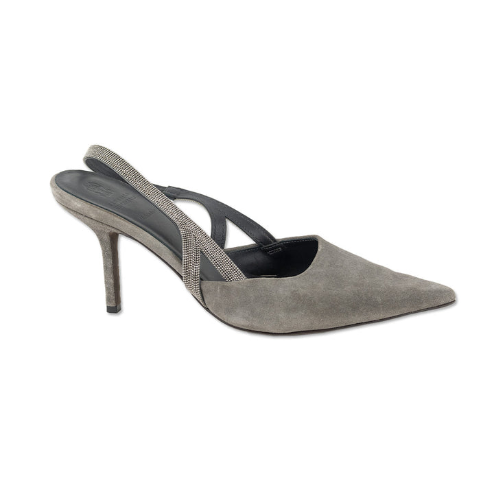 Brunello Cucinelli Monili Gray Suede Slingback Heels