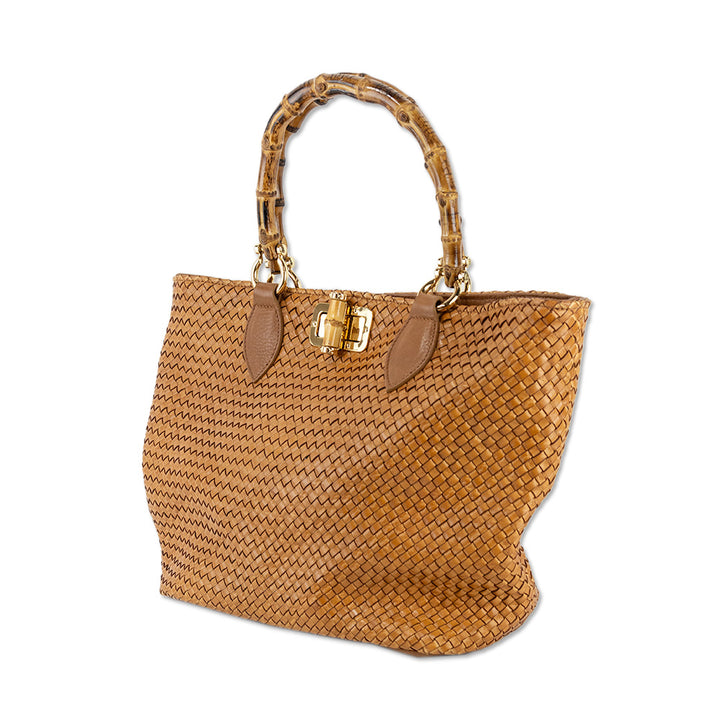 Bruno Cerere Woven Leather Tote with Bamboo Top Handle