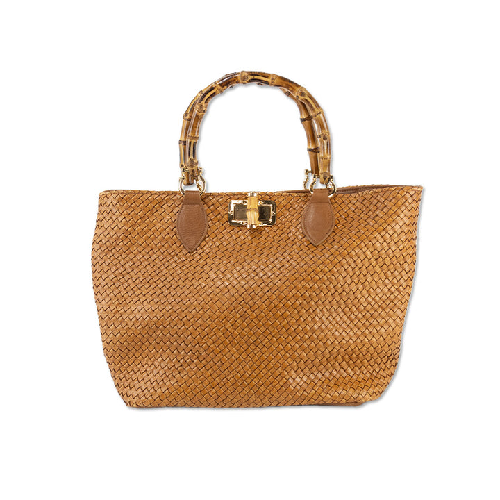 Bruno Cerere Woven Leather Tote with Bamboo Top Handle