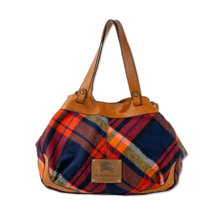 Burberry Blue Label Navy Plaid Wool Brown Leather Trim Tote