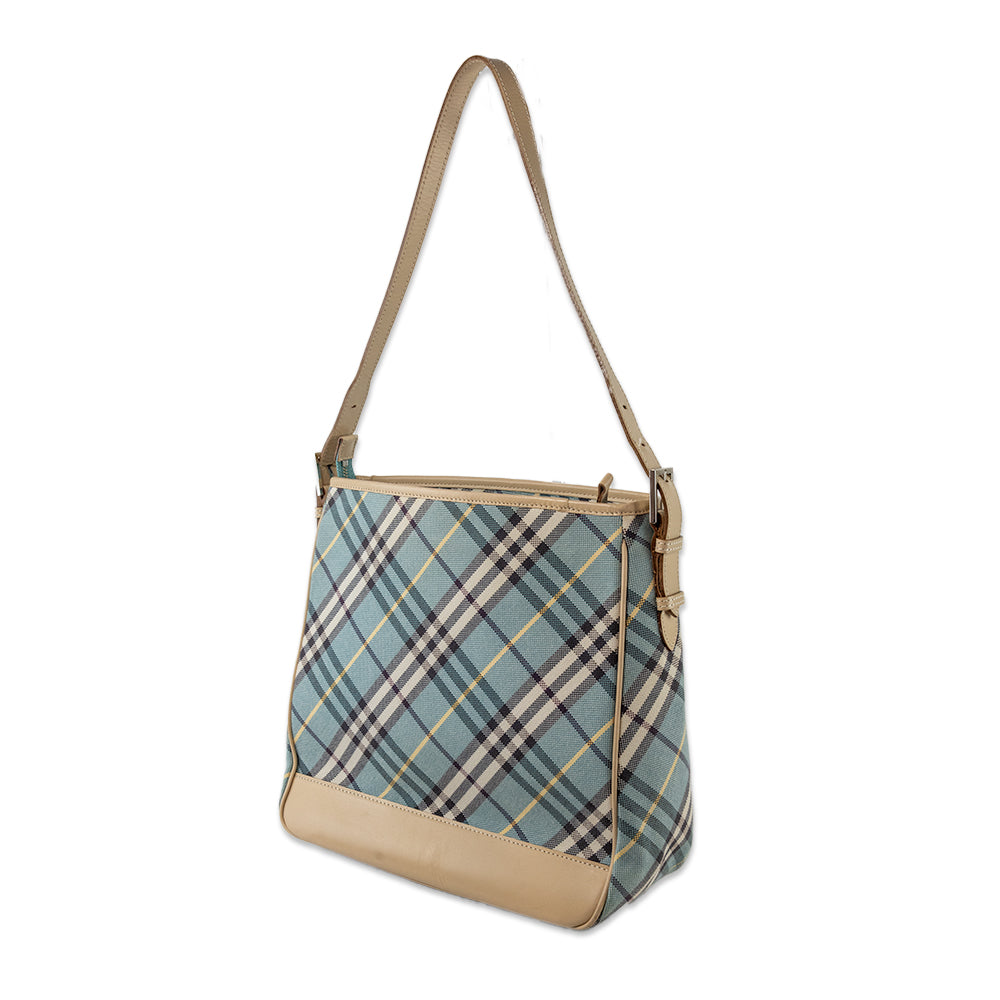 Burberry Blue and Tan Nova Check Shoulder Bag with Leather Trim