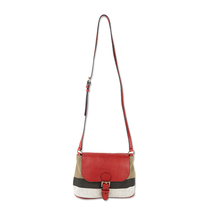 Burberry Brit Cadmium Red Grainy Leather Check Canvas Small Gowan Crossbody Bag