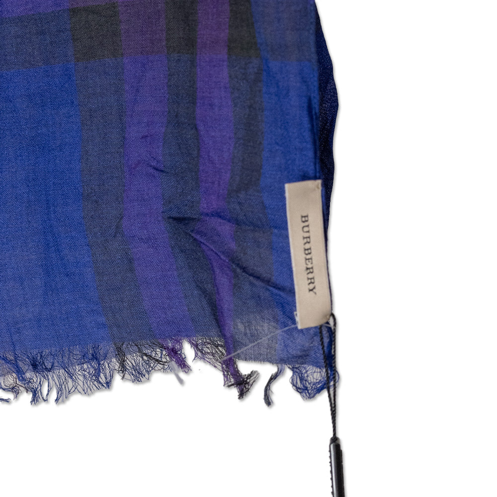 Burberry Giant Regency Blue Check Wool Silk Crinkled Gauze Scarf