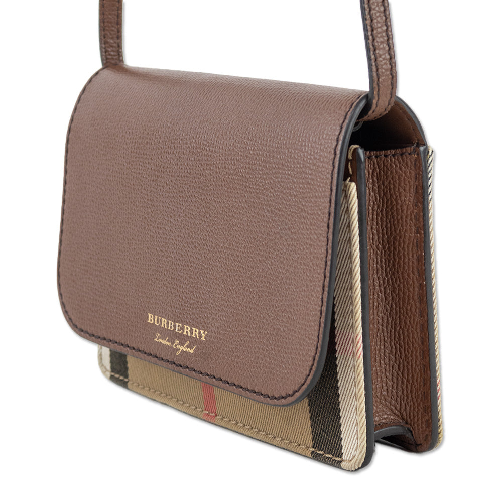 Burberry Hampshire Brown Leather 
House Check Canvas Crossbody Bag