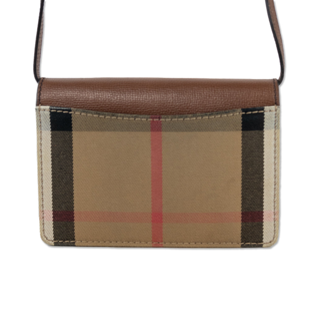 Burberry Hampshire Brown Leather 
House Check Canvas Crossbody Bag