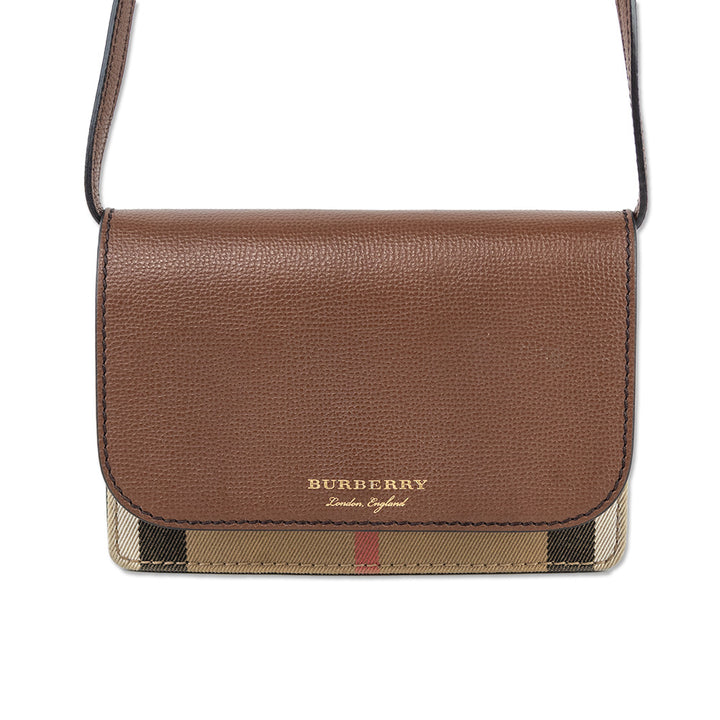 Burberry Hampshire Brown Leather 
House Check Canvas Crossbody Bag