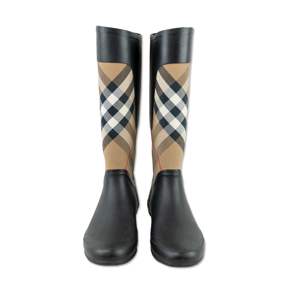 Burberry House Check Canvas Black Rubber Clemence Rain Boot