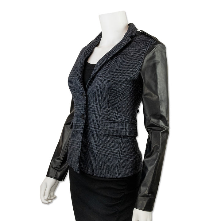 Burberry Navy Houndstooth Blazer with Black Leather Sleeves