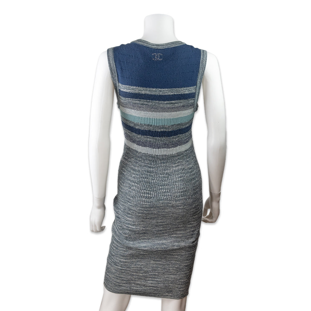 Chanel Blue and Gray Stripped Knit Midi Dress