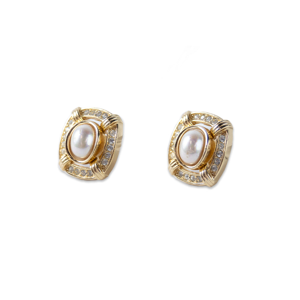 Christian Dior Gold Square Crystal Embellished Clip on Earrings