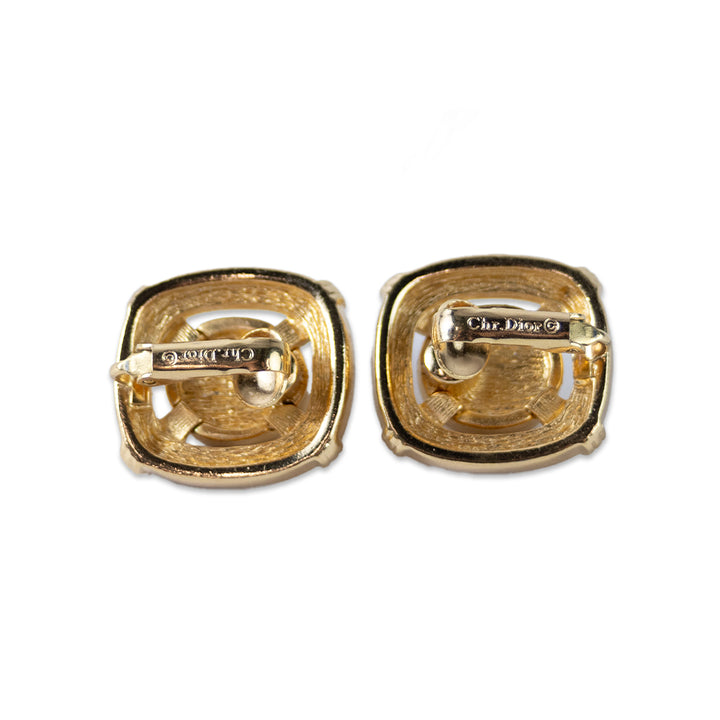 Christian Dior Gold Square Crystal Embellished Clip on Earrings