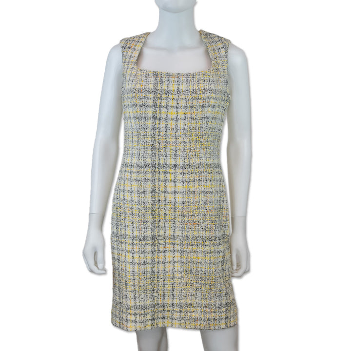 Carolina Herrera Yellow Tweed Cap-Sleeve Midi Dress