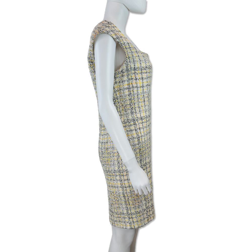 Carolina Herrera Yellow Tweed Cap-Sleeve Midi Dress