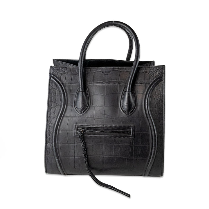 Celine Crocodile Embossed Calfskin Medium Phantom Luggage Black