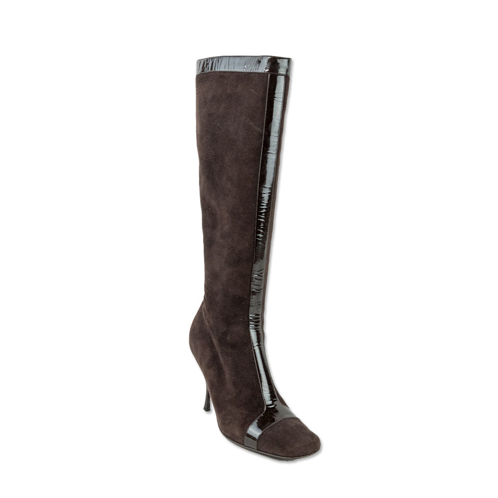 Celine Brown Suede Patent Leather Trim Knee High Stiletto Boots