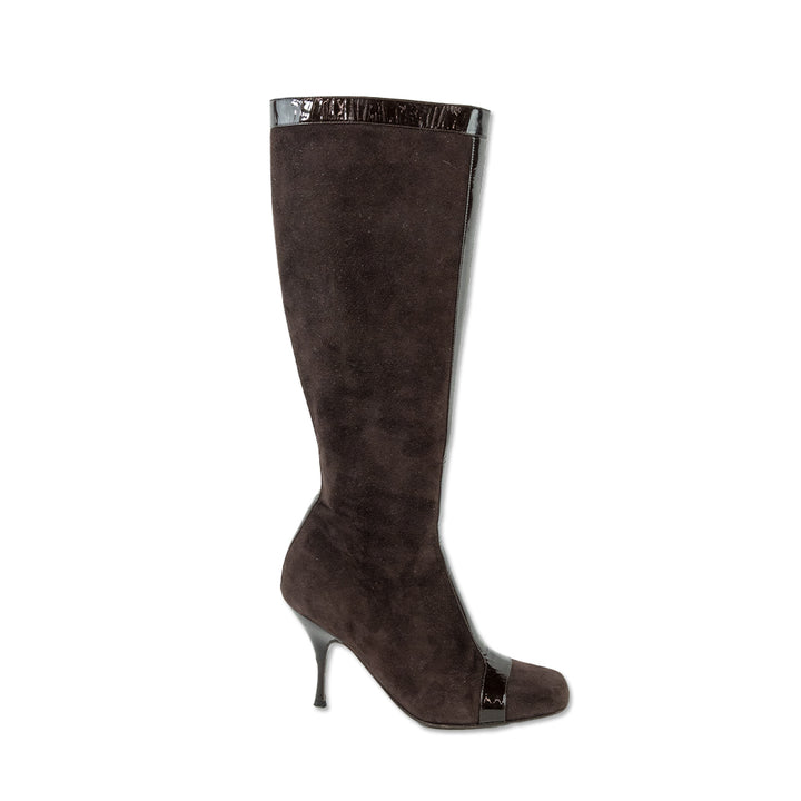 Celine Brown Suede Patent Leather Trim Knee High Stiletto Boots