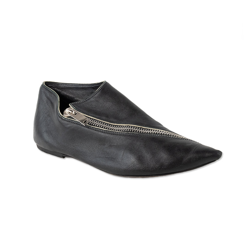 Celine Pointed Toe Zipper Black Leather Flats