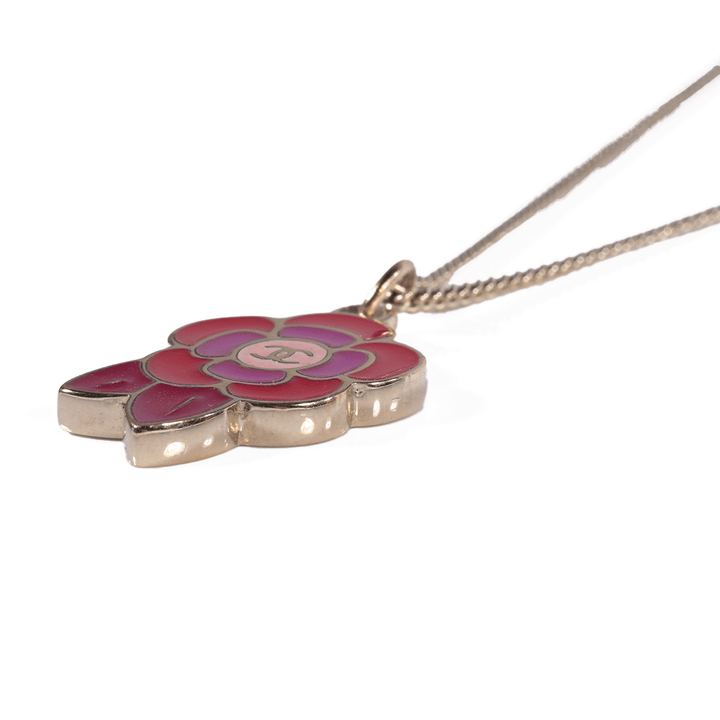 Chanel Camellia CC Pink Enamel Pendant Necklace