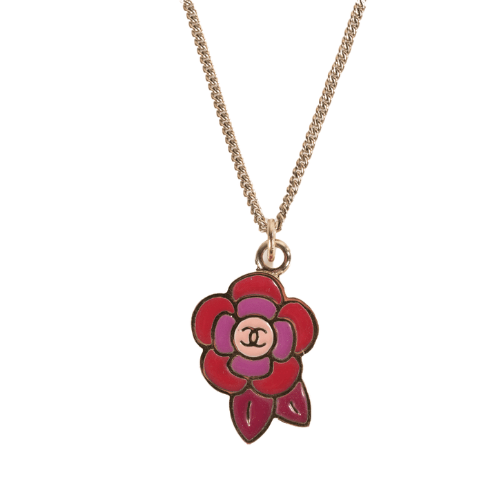 Chanel Camellia CC Pink Enamel Pendant Necklace