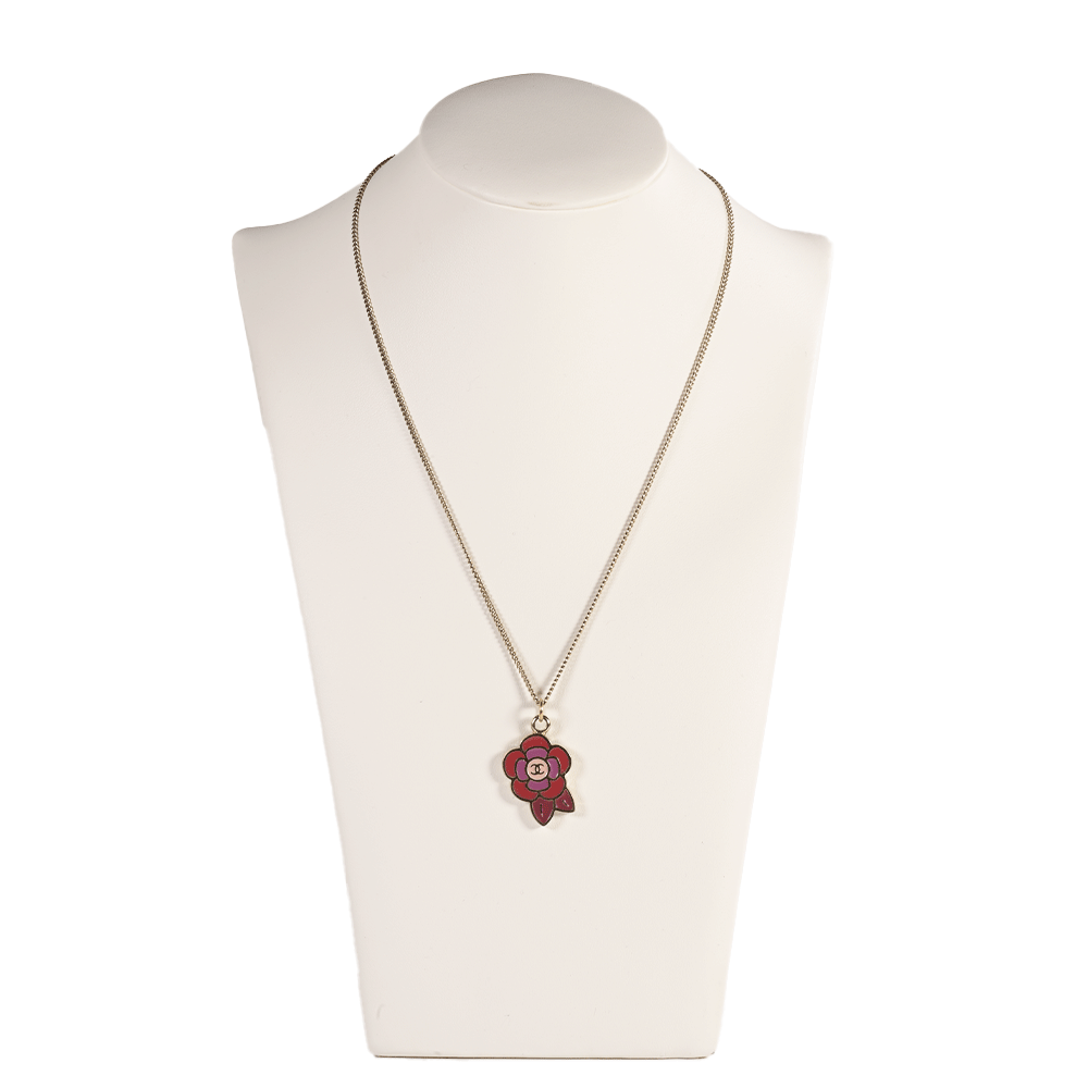 Chanel Camellia CC Pink Enamel Pendant Necklace