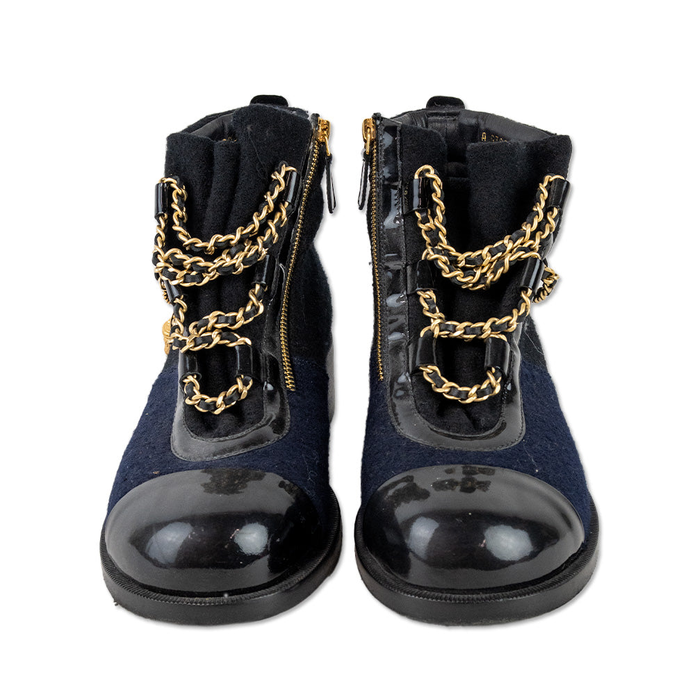 Chanel 2015 Interlocking CC Logo Wool Combat Boots