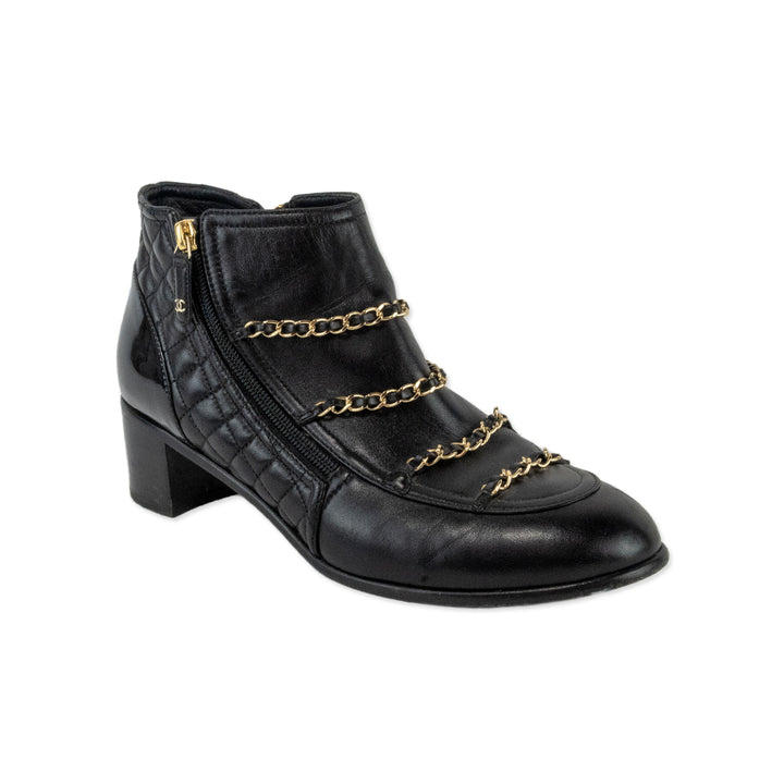 Chanel Black Quilted Leather Chain Accented Ankle Boots