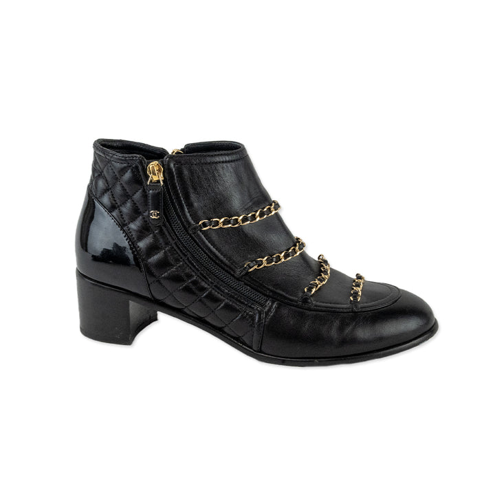 Chanel Black Quilted Leather Chain Accented Ankle Boots