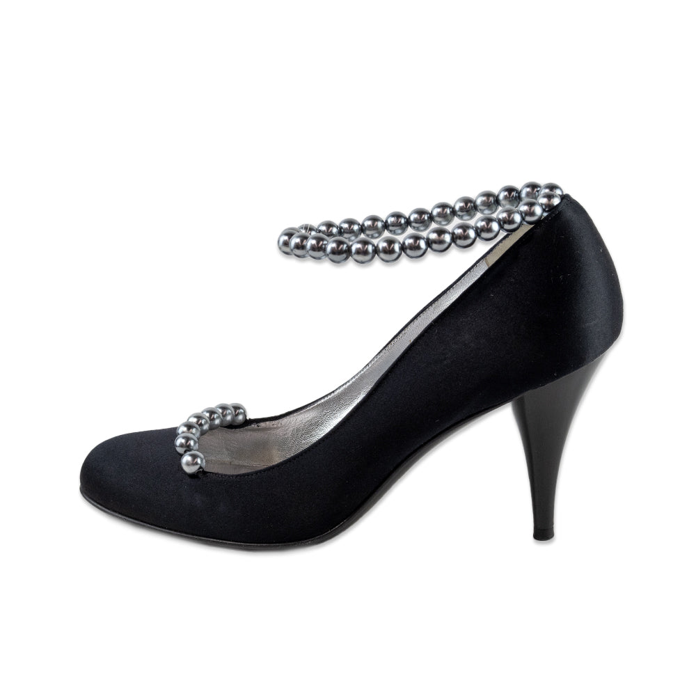 Chanel Black Satin Heels with Pearl Ankle Straps