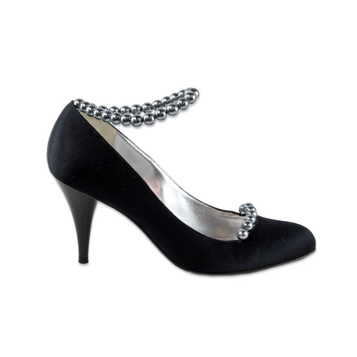 Chanel Black Satin Heels with Pearl Ankle Straps