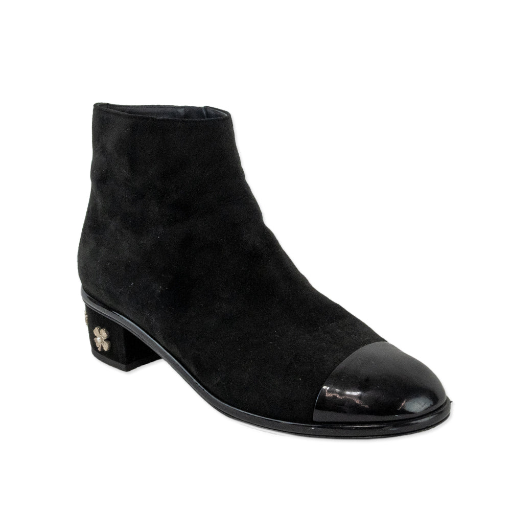 Chanel Black Suede Cap Toe Ankle Boots with Embellished Heel