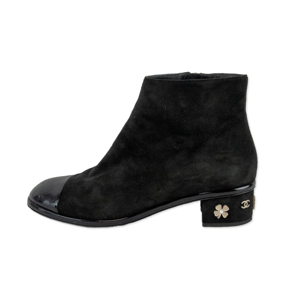 Chanel Black Suede Cap Toe Ankle Boots with Embellished Heel