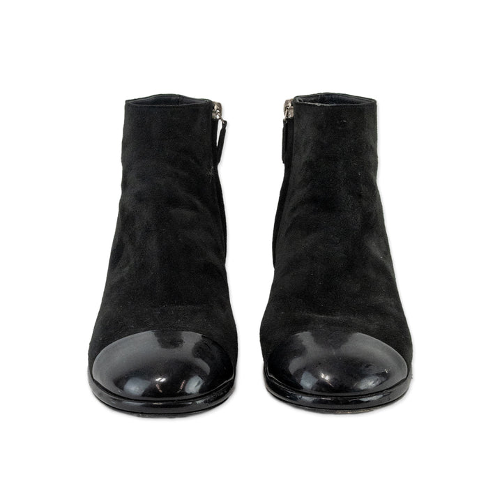 Chanel Black Suede Cap Toe Ankle Boots with Embellished Heel