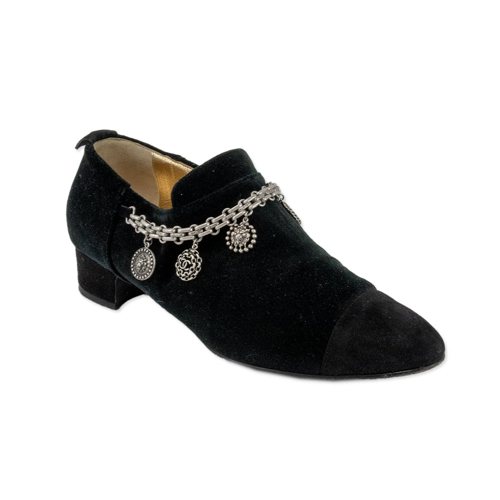 Chanel Black Suede Pointed Toe Loafers with Silver Charms