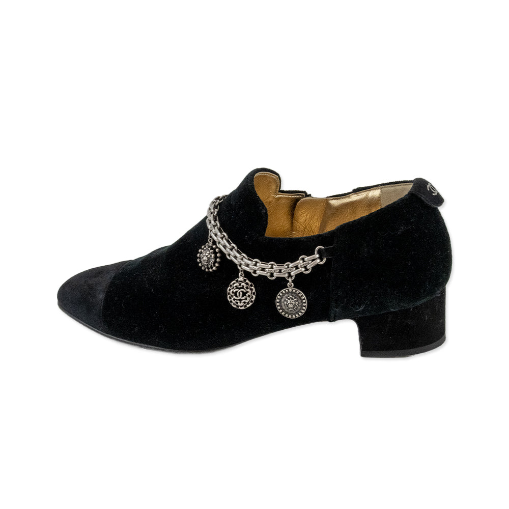 Chanel Black Suede Pointed Toe Loafers with Silver Charms