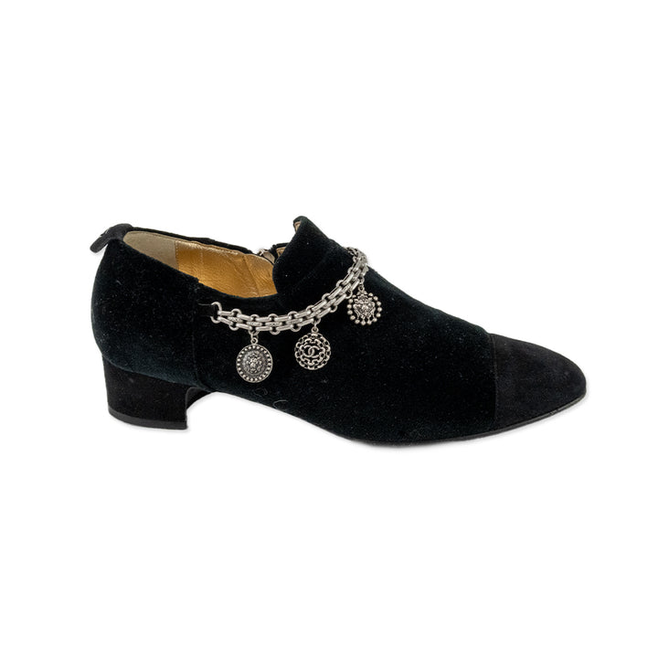 Chanel Black Suede Pointed Toe Loafers with Silver Charms