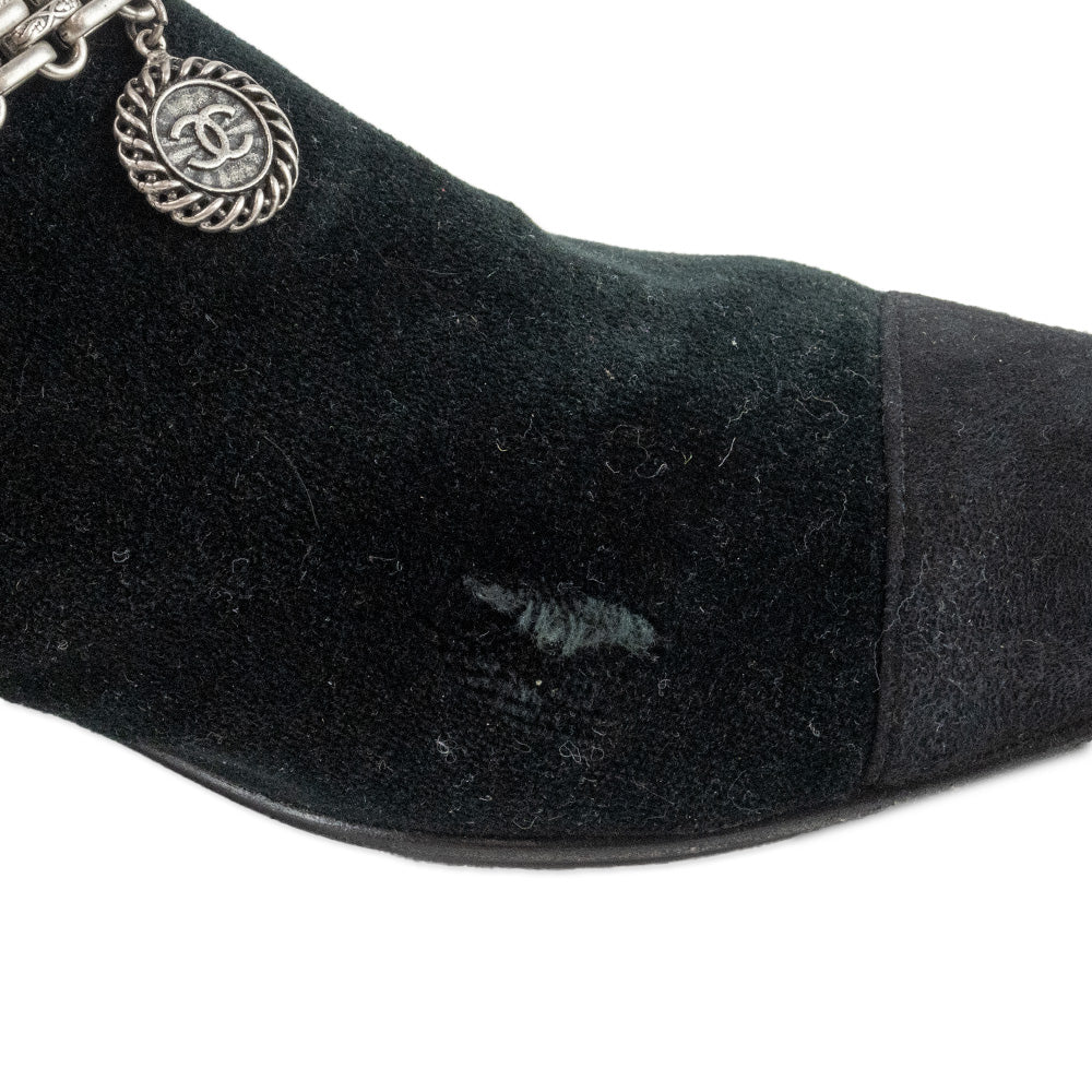 Chanel Black Suede Pointed Toe Loafers with Silver Charms