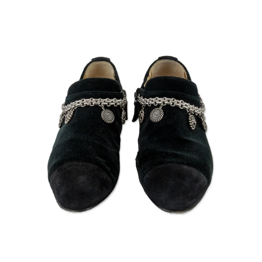 Chanel Black Suede Pointed Toe Loafers with Silver Charms