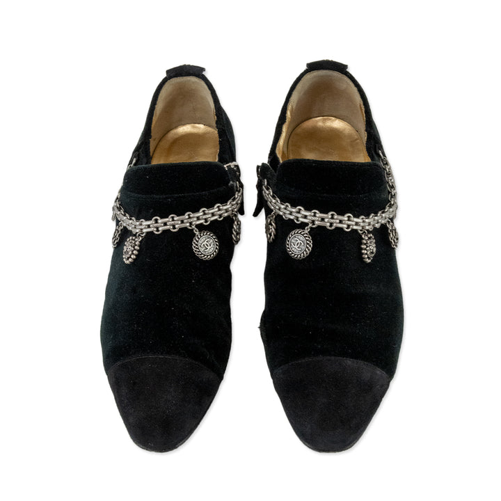 Chanel Black Suede Pointed Toe Loafers with Silver Charms