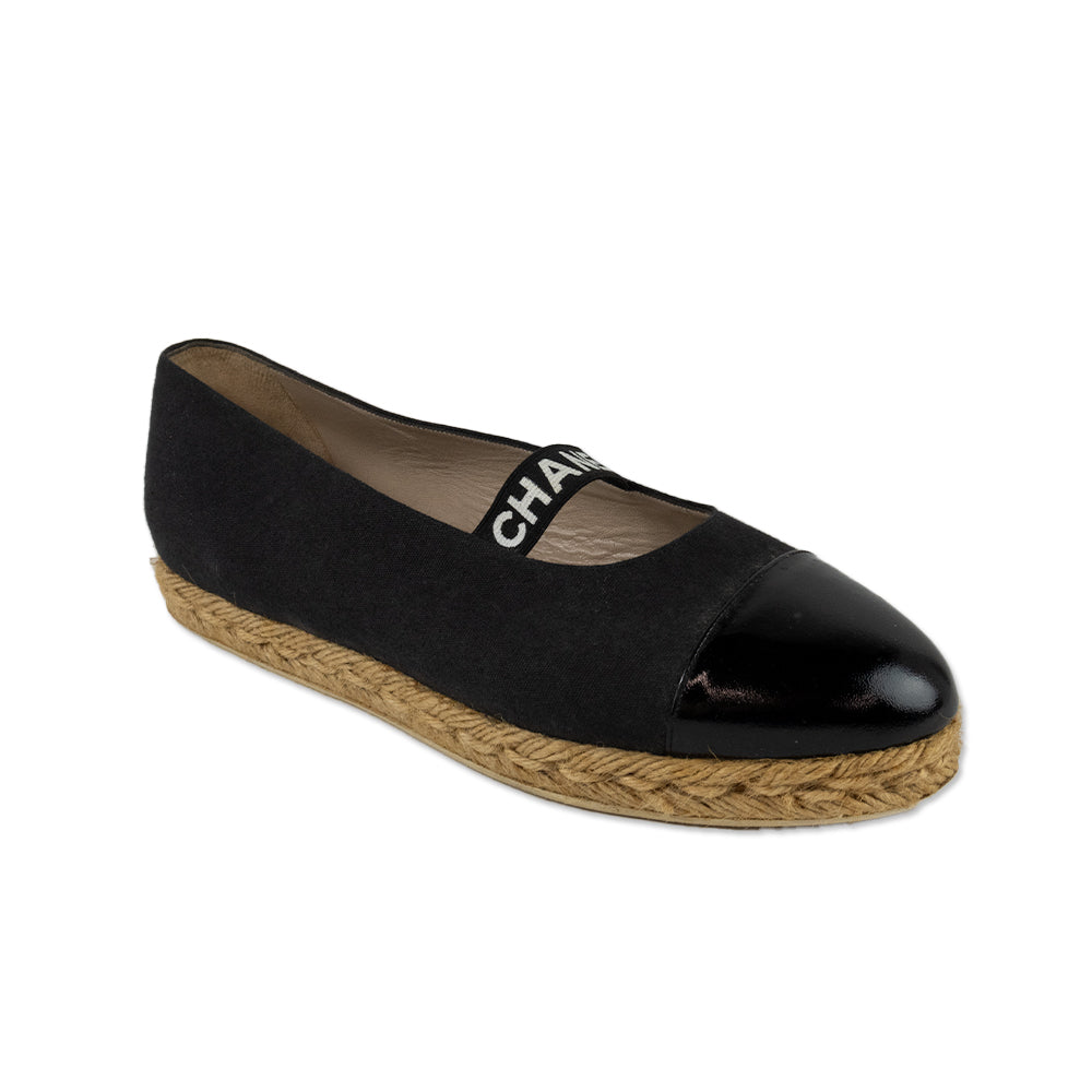 Chanel Canvas Espadrille with Logo Strap and Patent Leather Cap Toe