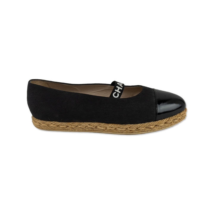 Chanel Canvas Espadrille with Logo Strap and Patent Leather Cap Toe