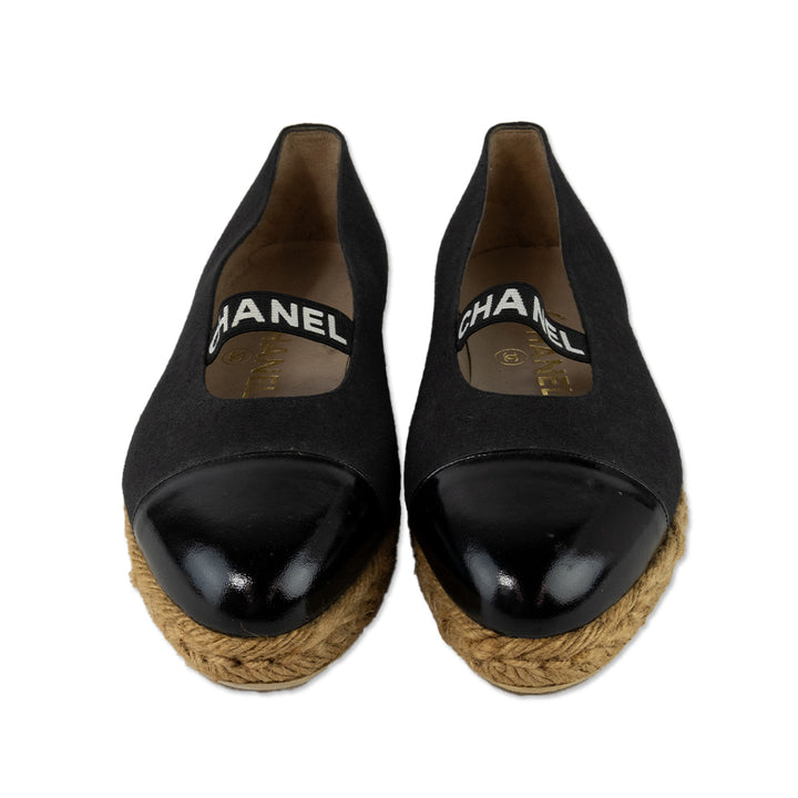 Chanel Canvas Espadrille with Logo Strap and Patent Leather Cap Toe