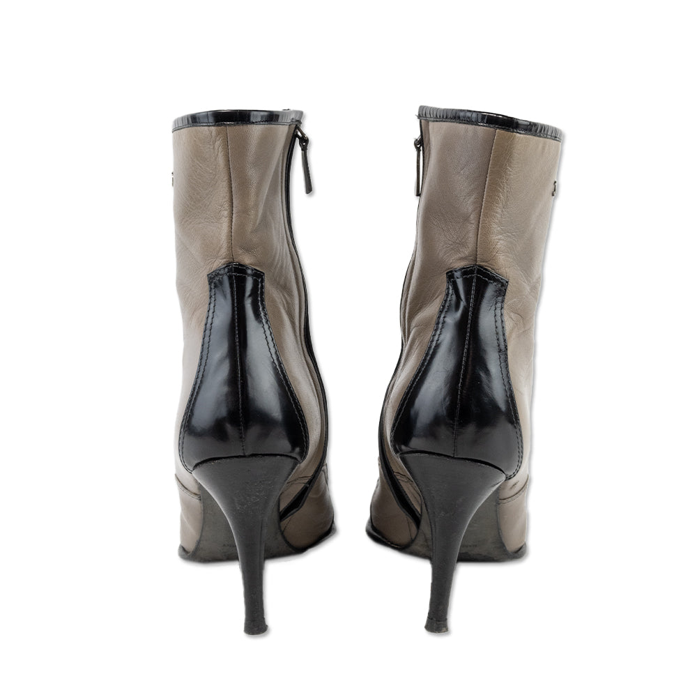 Chanel Gray Leather Heeled Ankle Boots with Black Accents