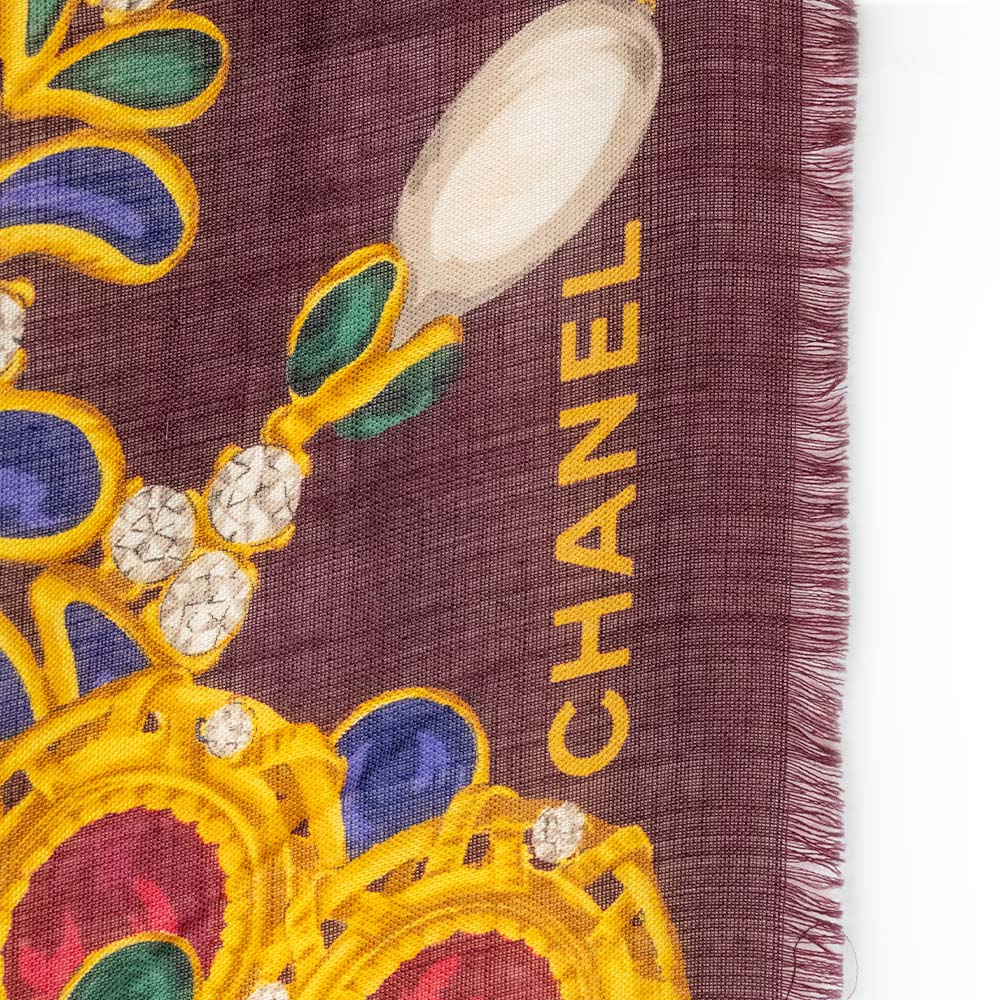 Chanel Maroon Jewel Printed Oversized Scarf with Fringe